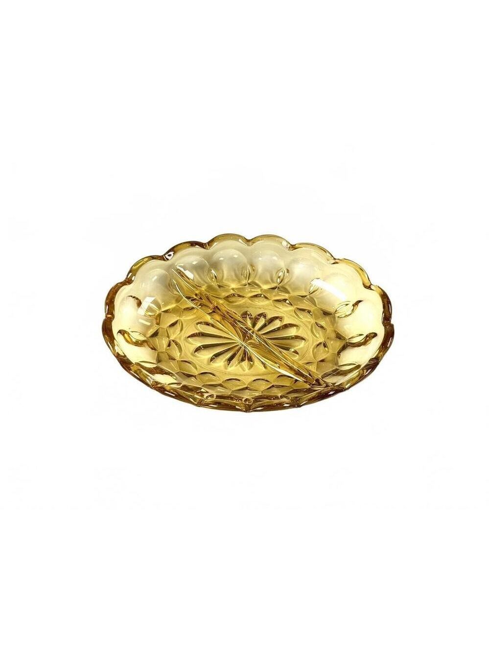 Vintage Anchor Hocking Amber Pressed Glass 2-Section Relish Dish Scallop Rim